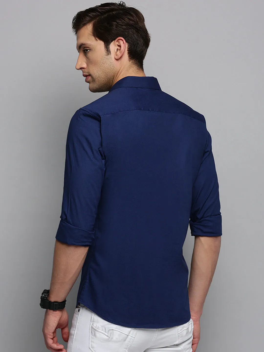 Men Spread Collar Solid Navy Blue Shirt