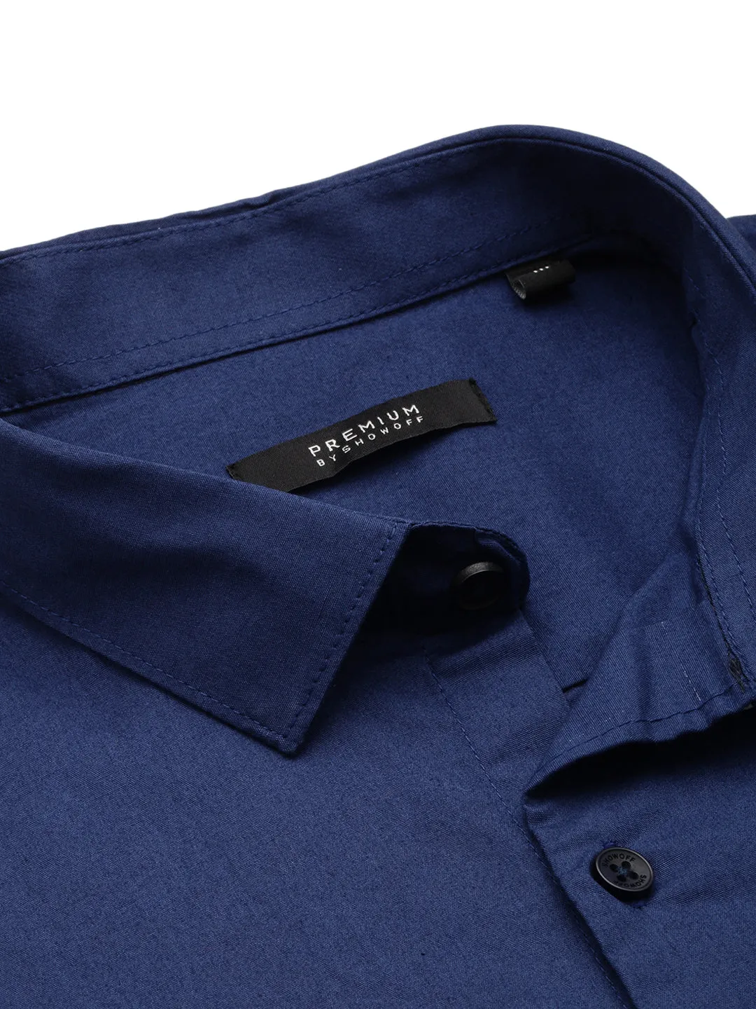 Men Spread Collar Solid Navy Blue Shirt