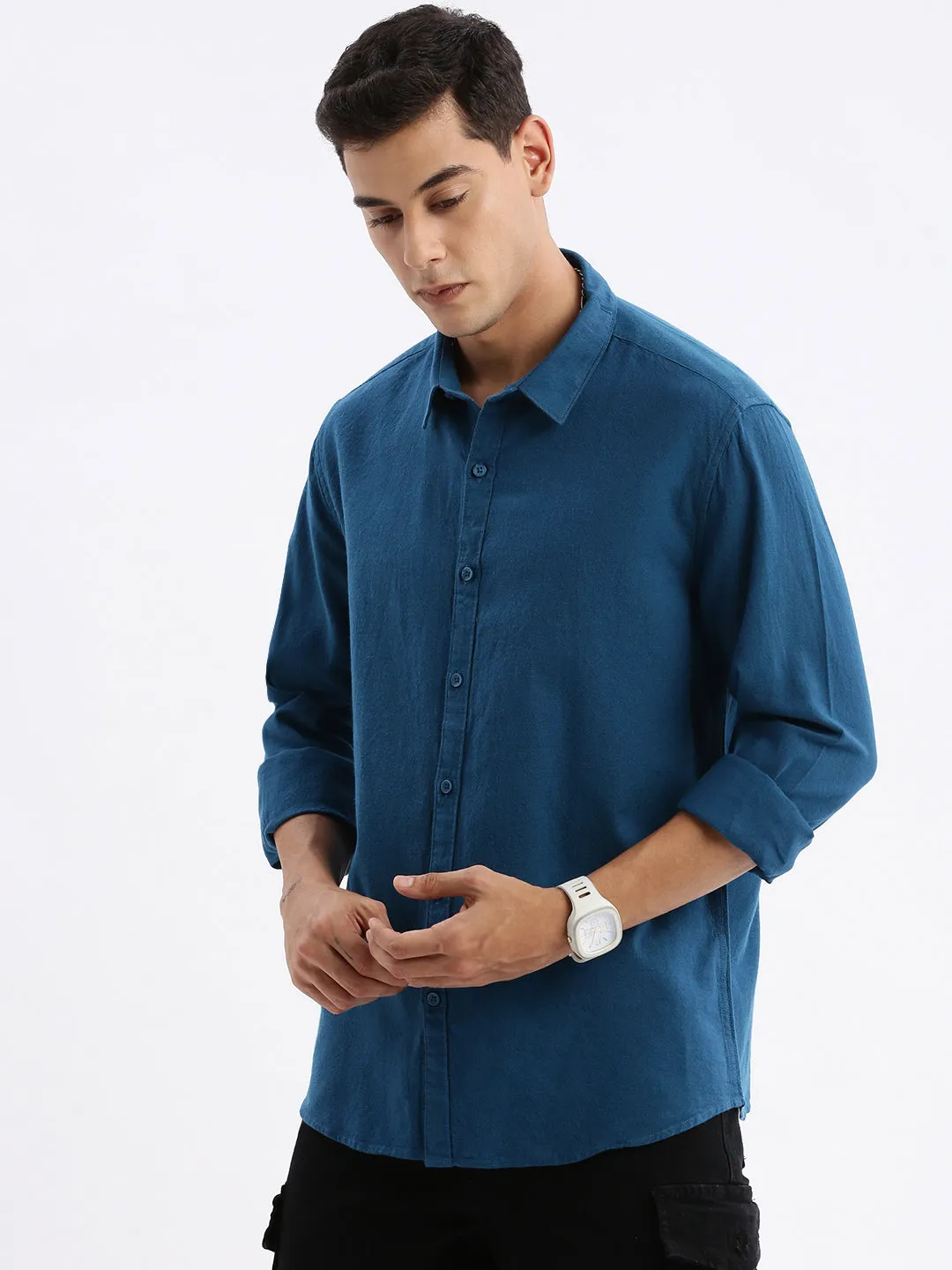 Men Spread Collar Solid Slim Fit Teal Shirt