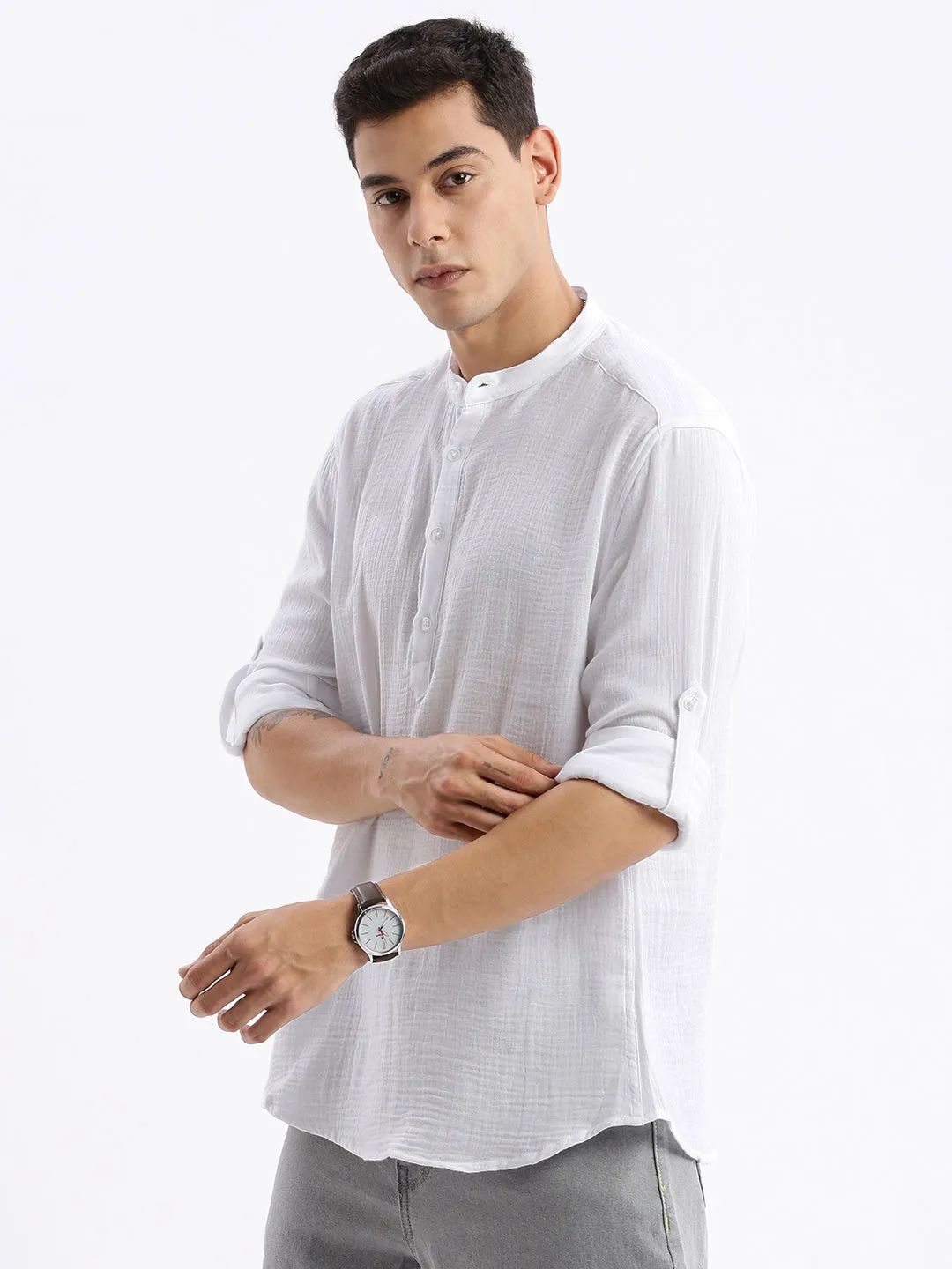 Men Spread Collar Solid Slim Fit White Shirt