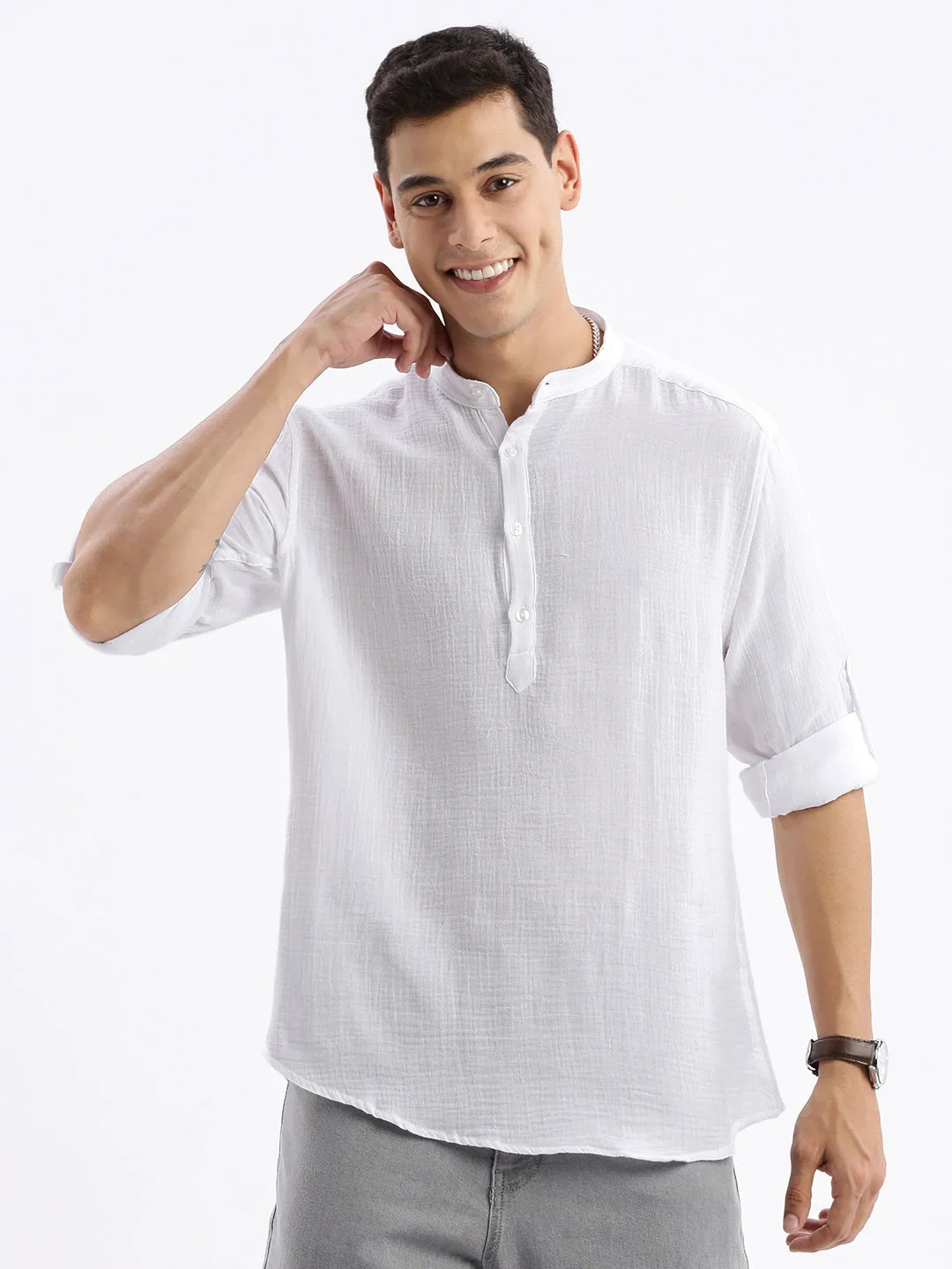 Men Spread Collar Solid Slim Fit White Shirt