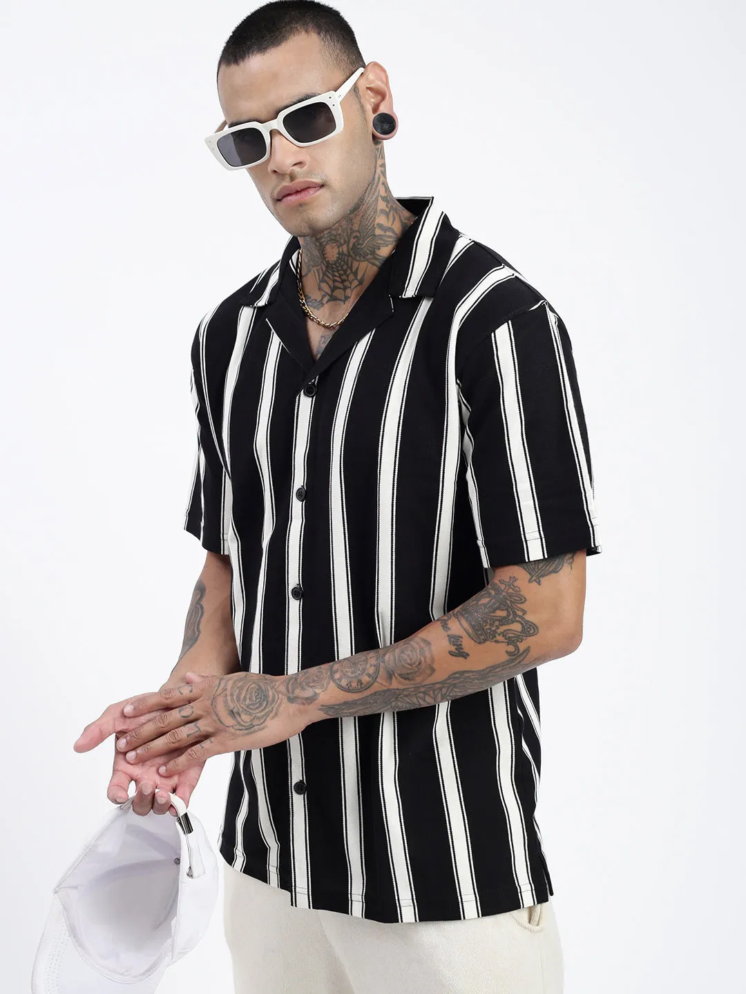 Men Striped Black Relaxed Fit Shirt