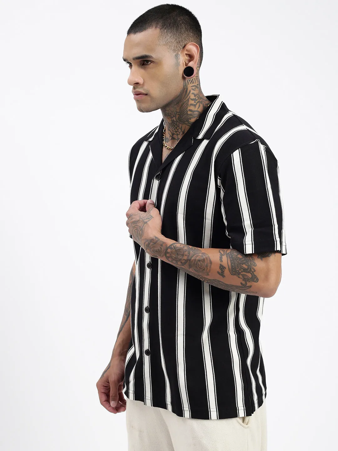 Men Striped Black Relaxed Fit Shirt