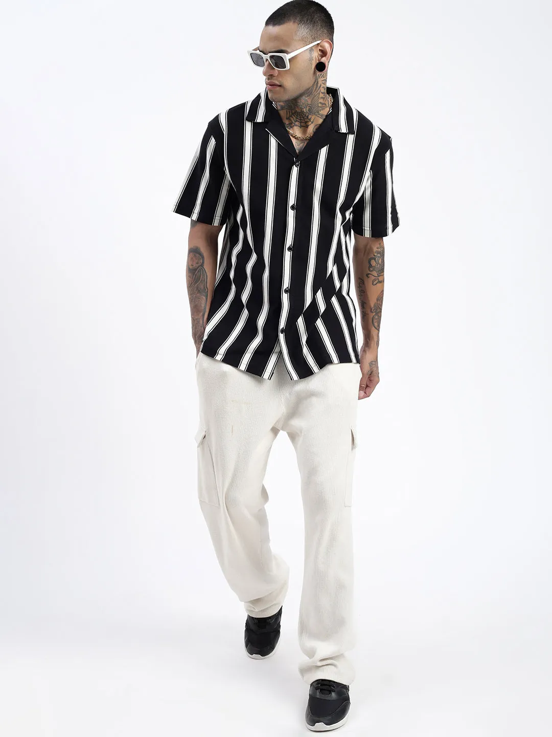 Men Striped Black Relaxed Fit Shirt