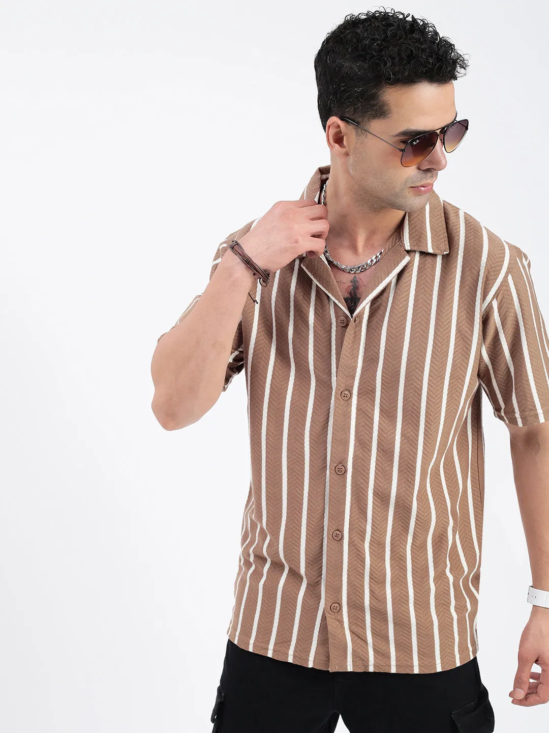 Men Striped Brown Relaxed Fit Shirt