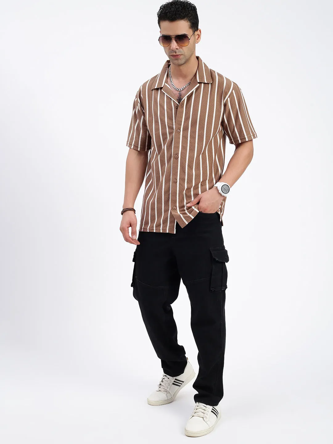 Men Striped Brown Relaxed Fit Shirt