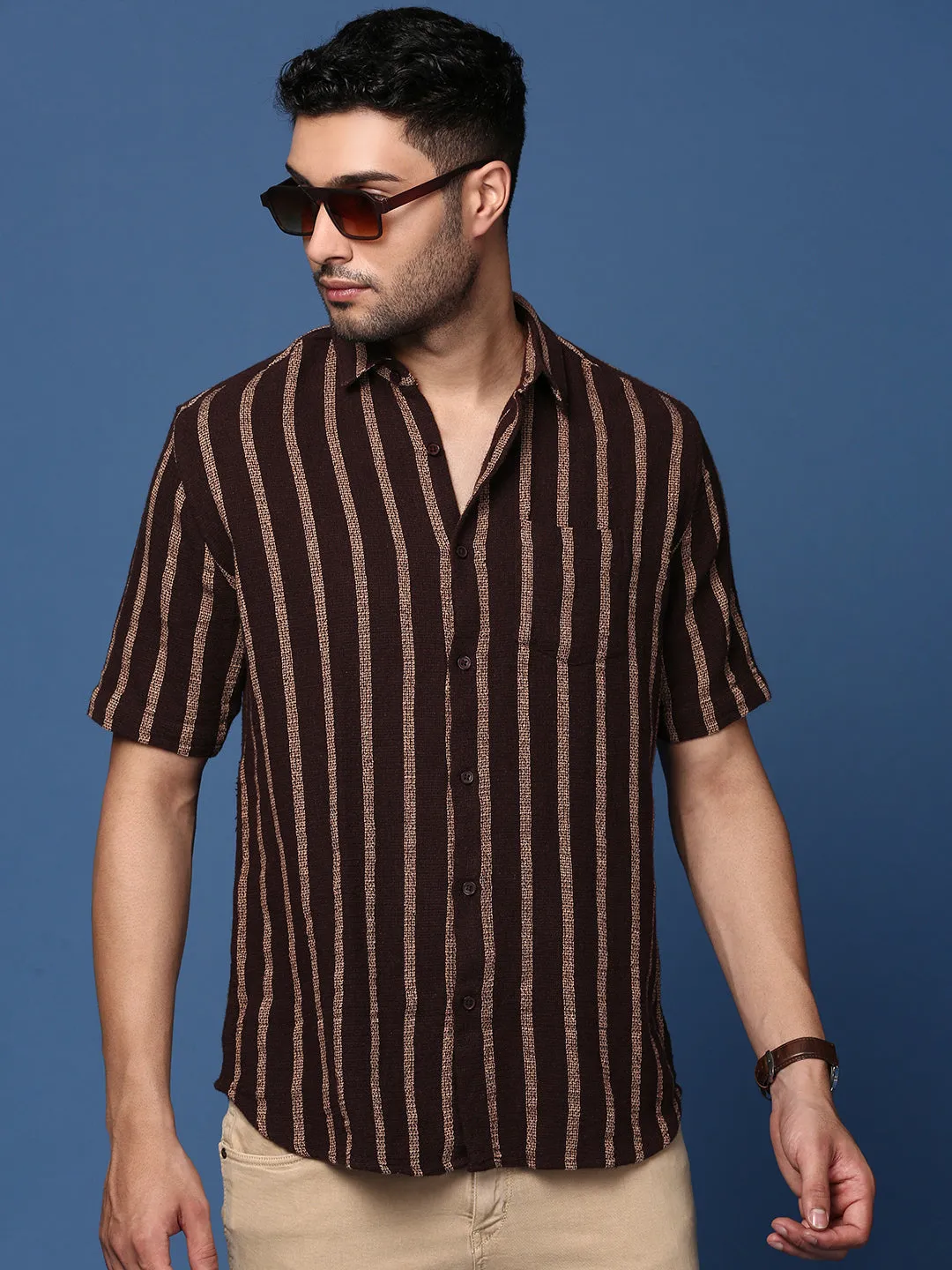 Men Striped Brown Slim Fit Shirt