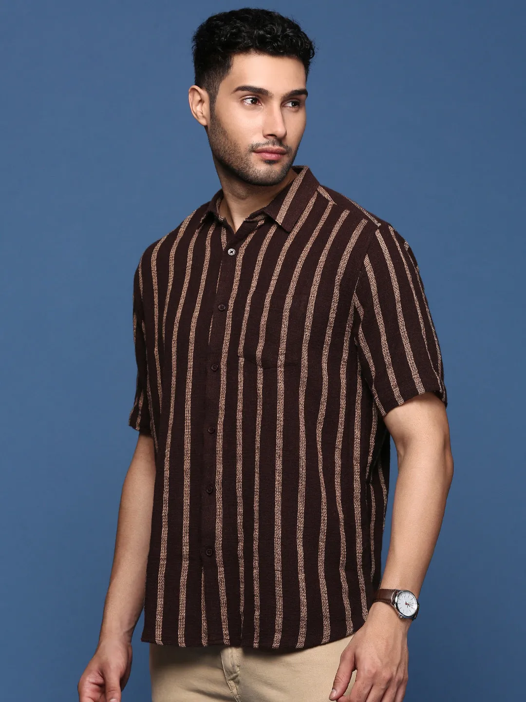 Men Striped Brown Slim Fit Shirt