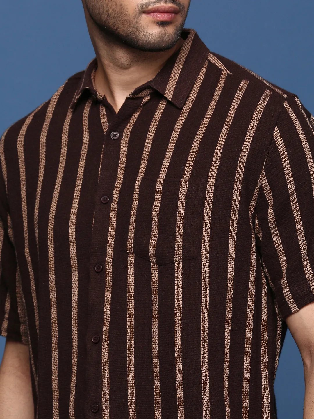 Men Striped Brown Slim Fit Shirt