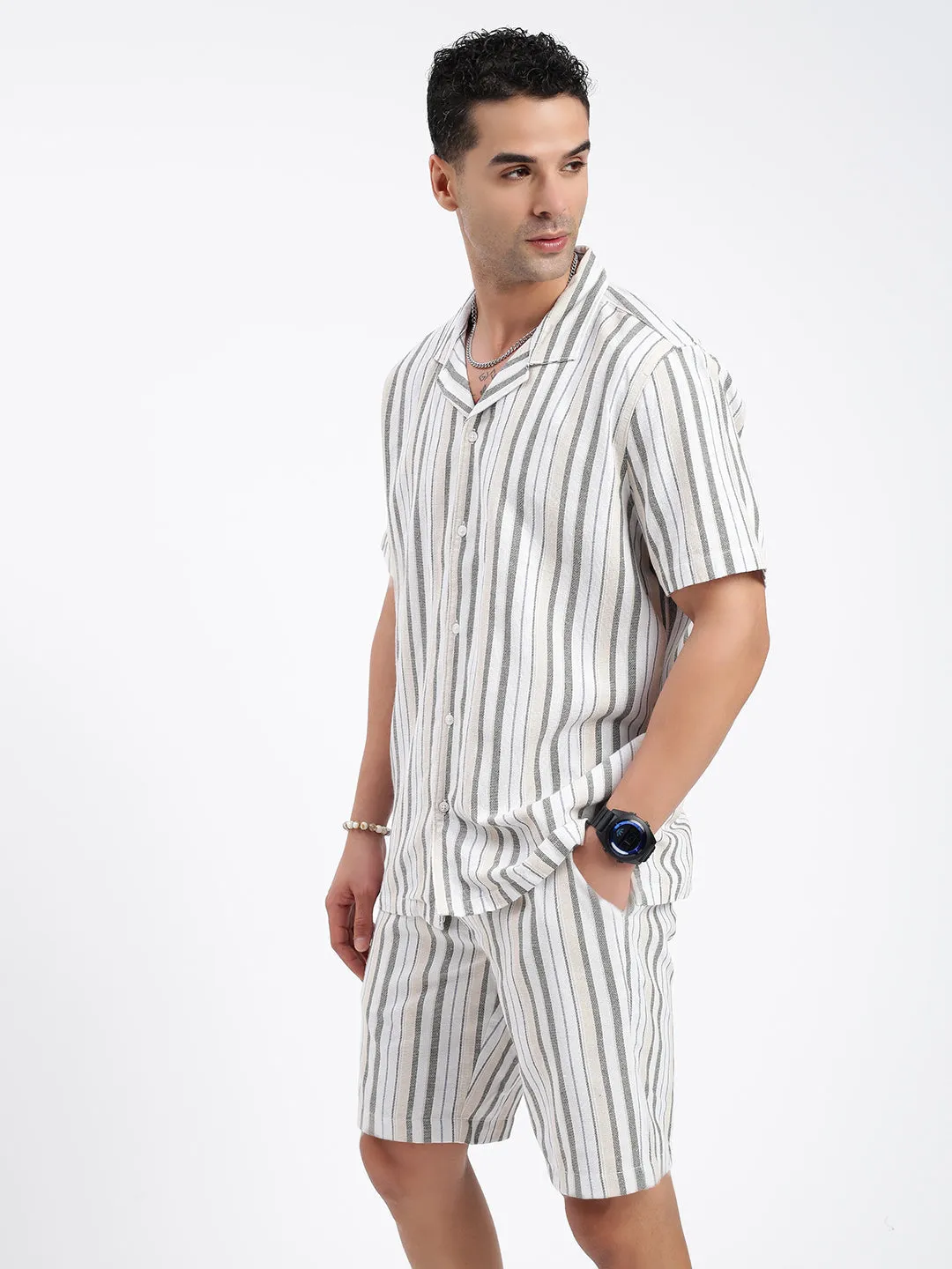 Men Striped White Co Ords Set