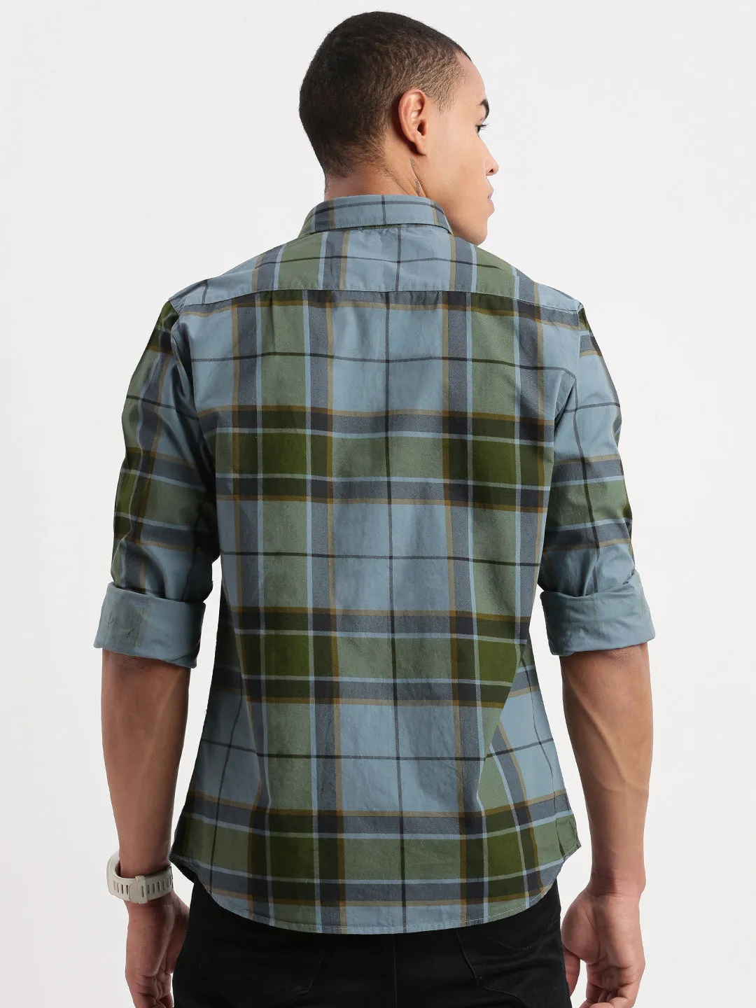 Men Tartan Checks Blue Shirt