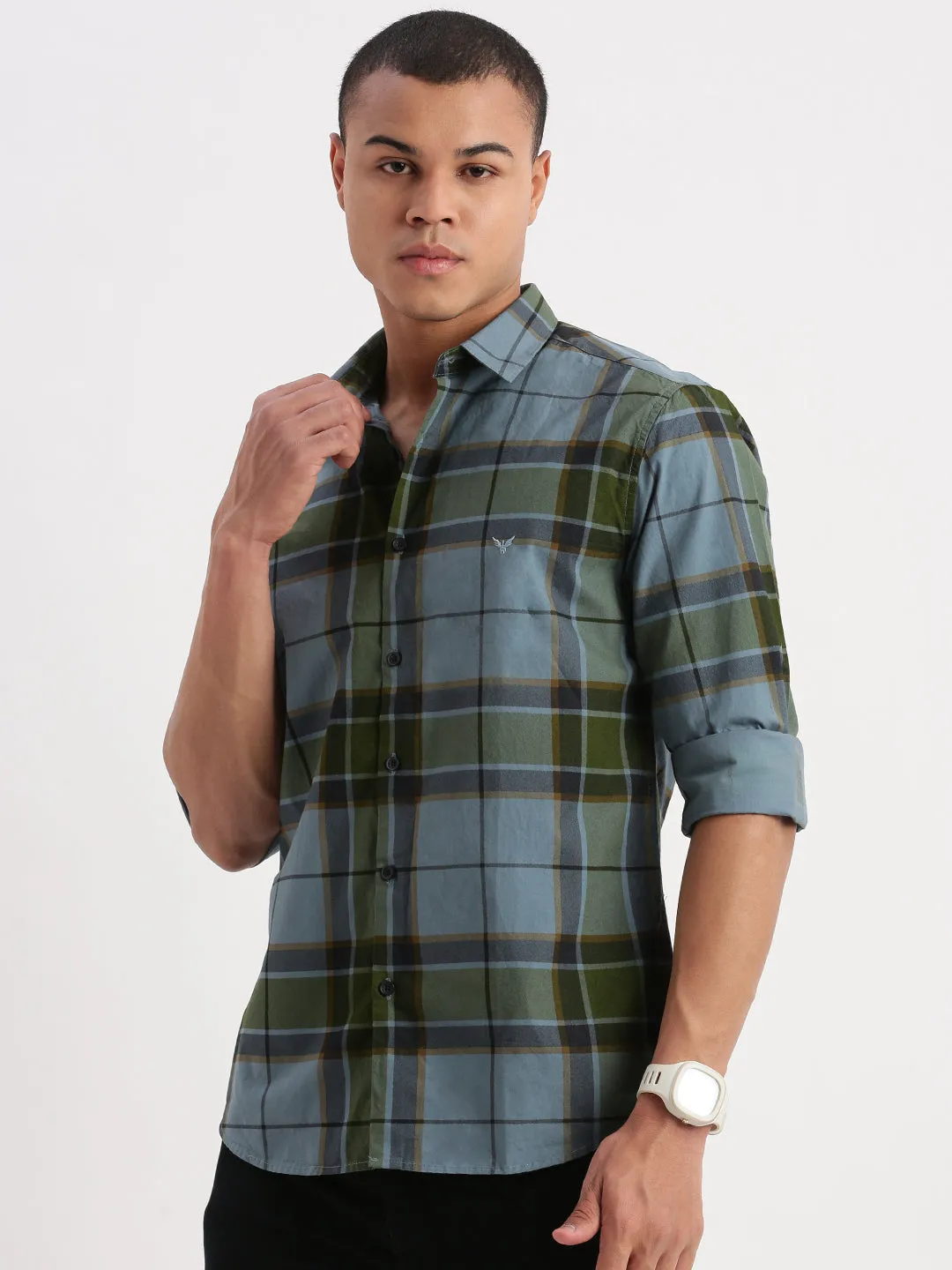 Men Tartan Checks Blue Shirt