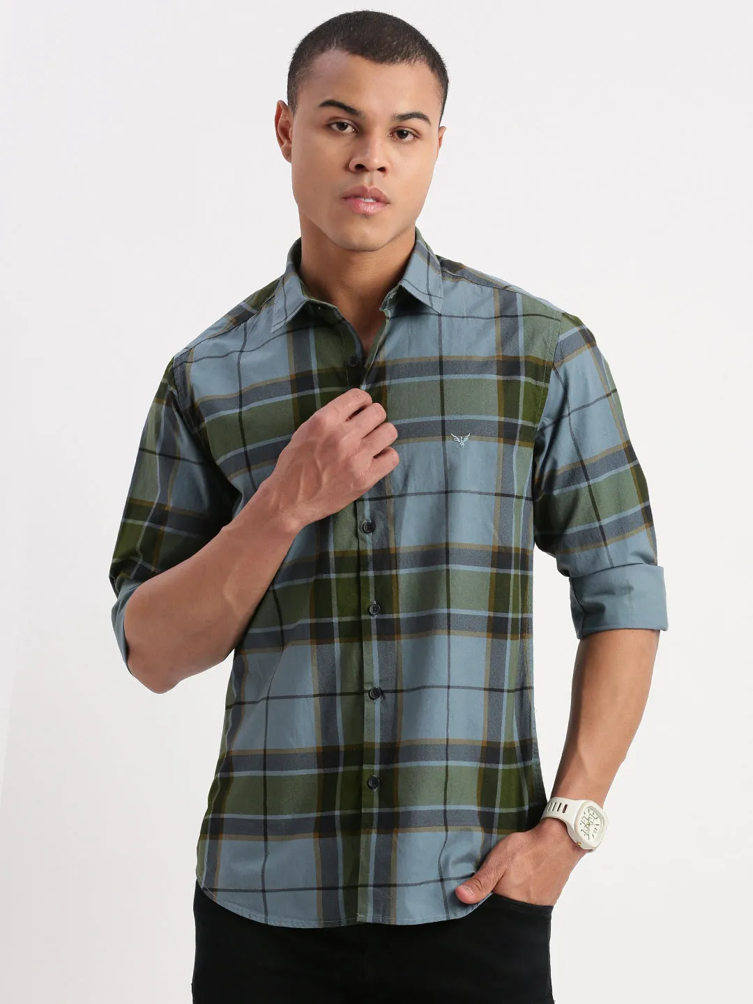 Men Tartan Checks Blue Shirt