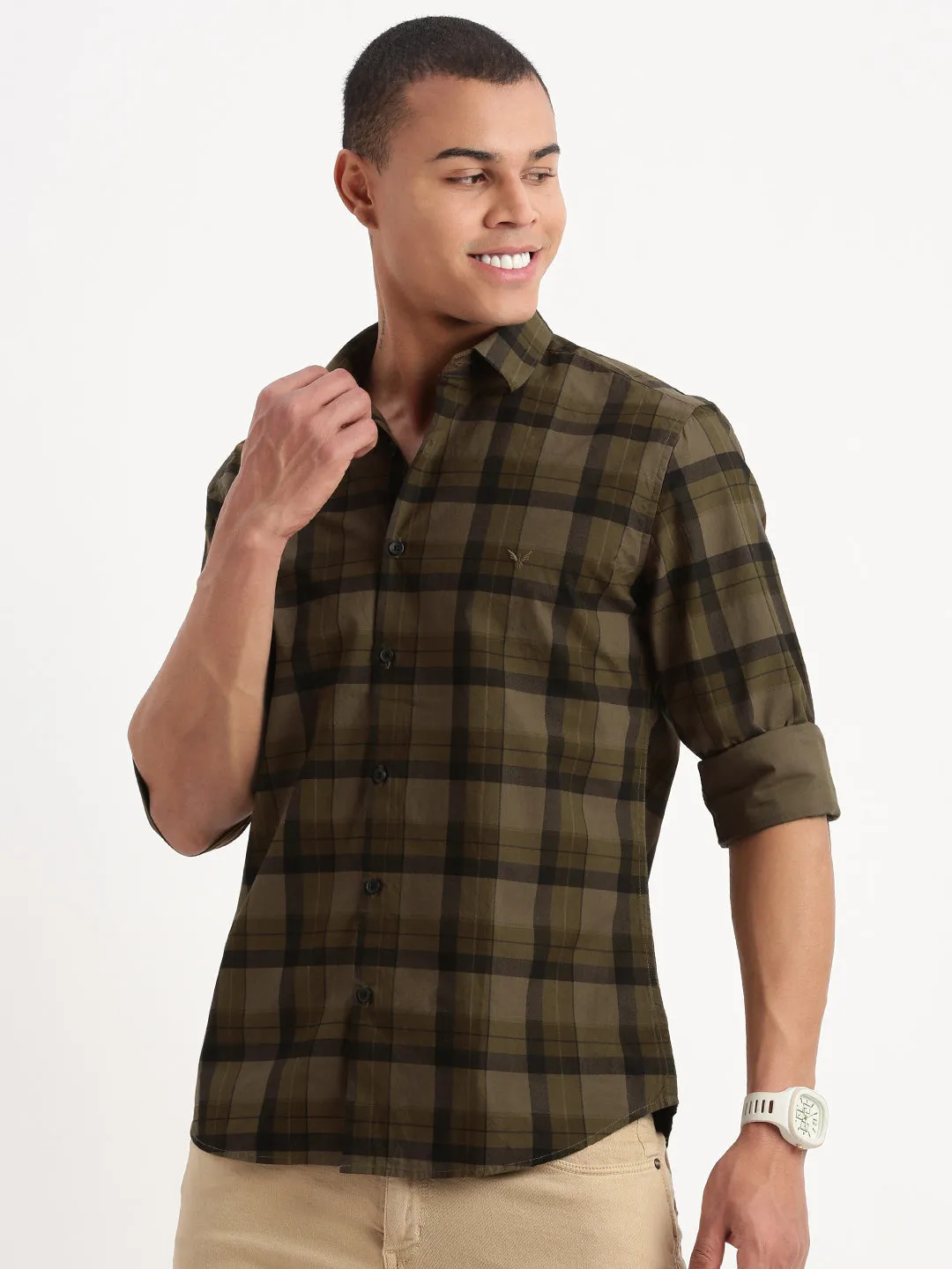 Men Tartan Checks Olive Shirt