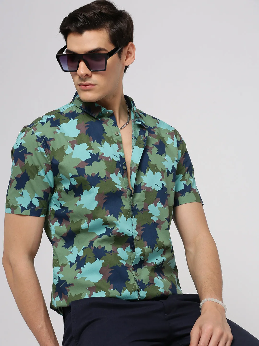 Men Turquoise Blue Spread Collar Floral Shirt