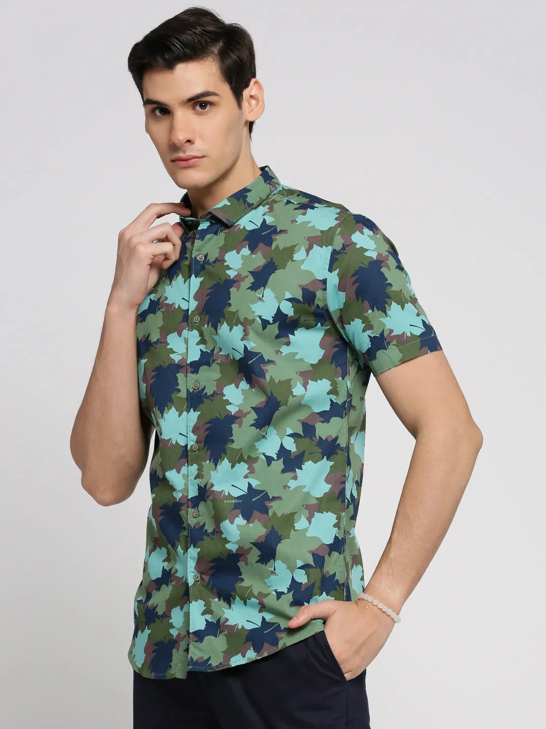 Men Turquoise Blue Spread Collar Floral Shirt