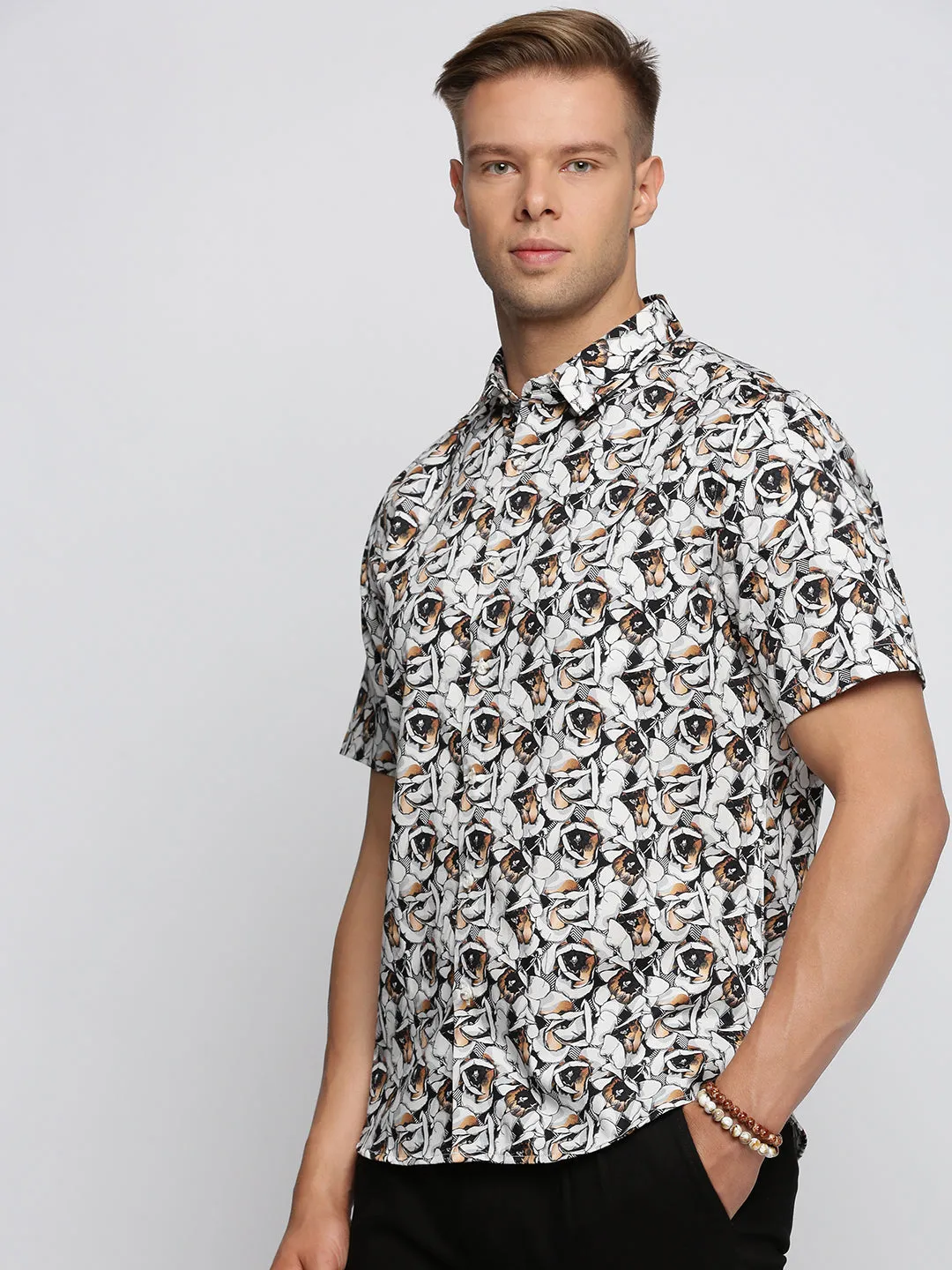 Men White Spread Collar Abstract Shirt