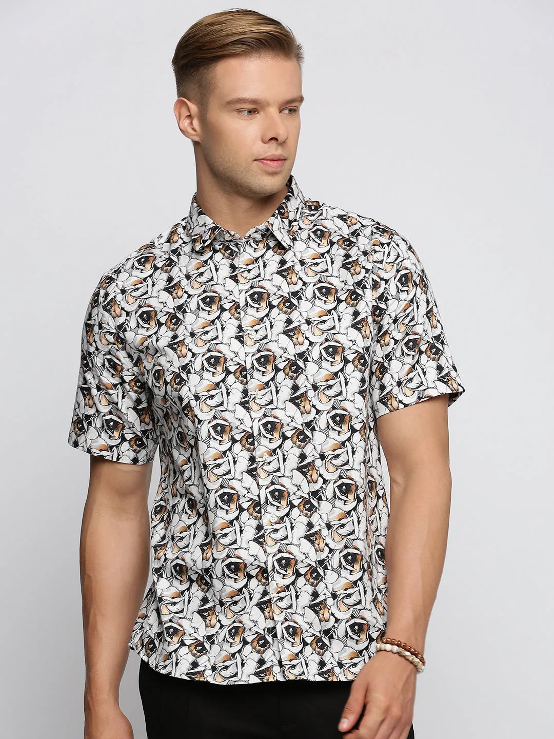 Men White Spread Collar Abstract Shirt