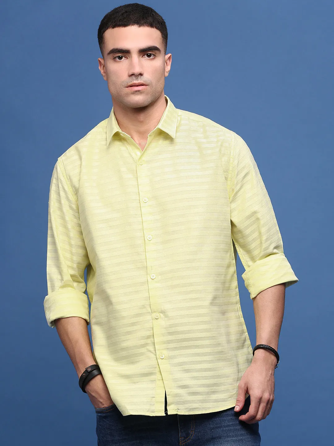 Men Yellow Slim Fit Striped Shirt