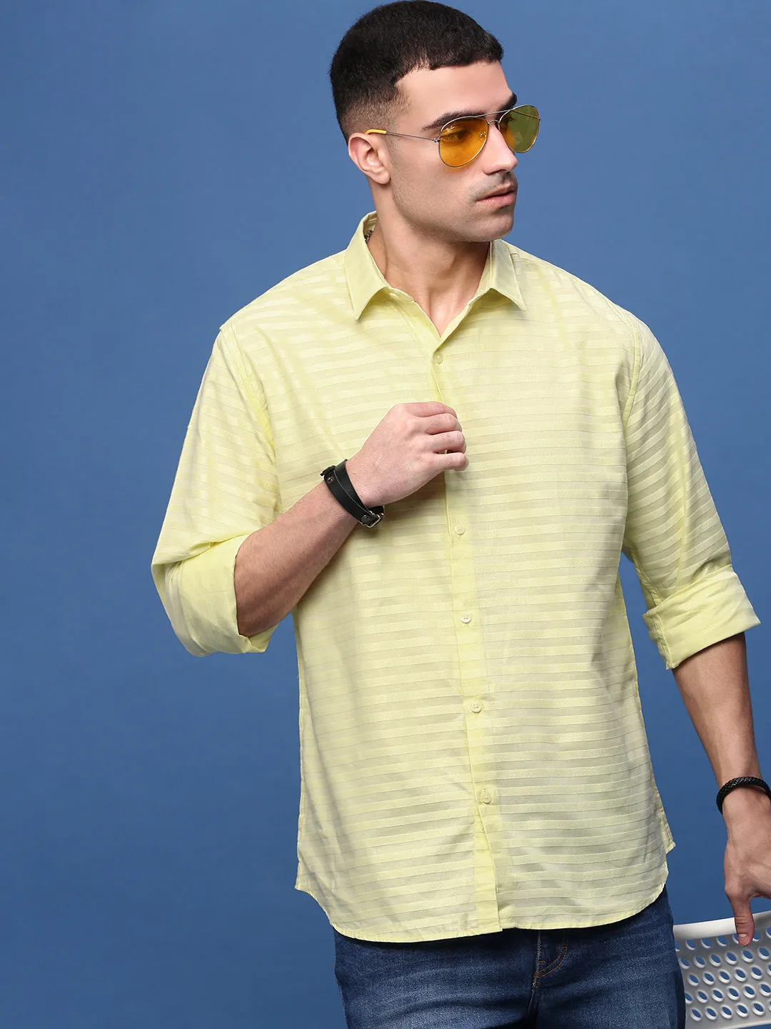 Men Yellow Slim Fit Striped Shirt