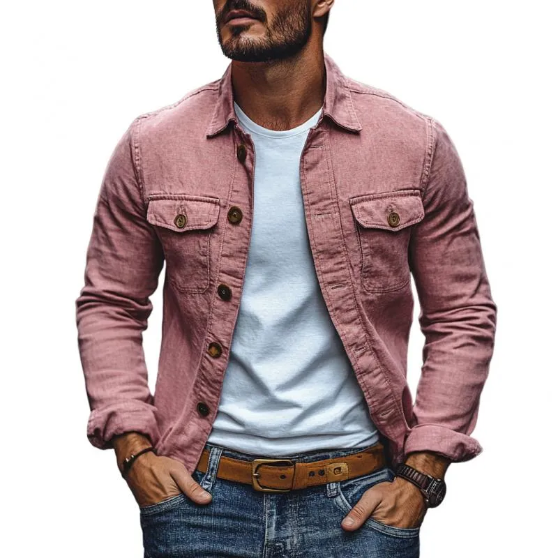 Men's Casual Cotton Linen Lapel Single-breasted Slim-fit Long-sleeved Shirt 16688546M