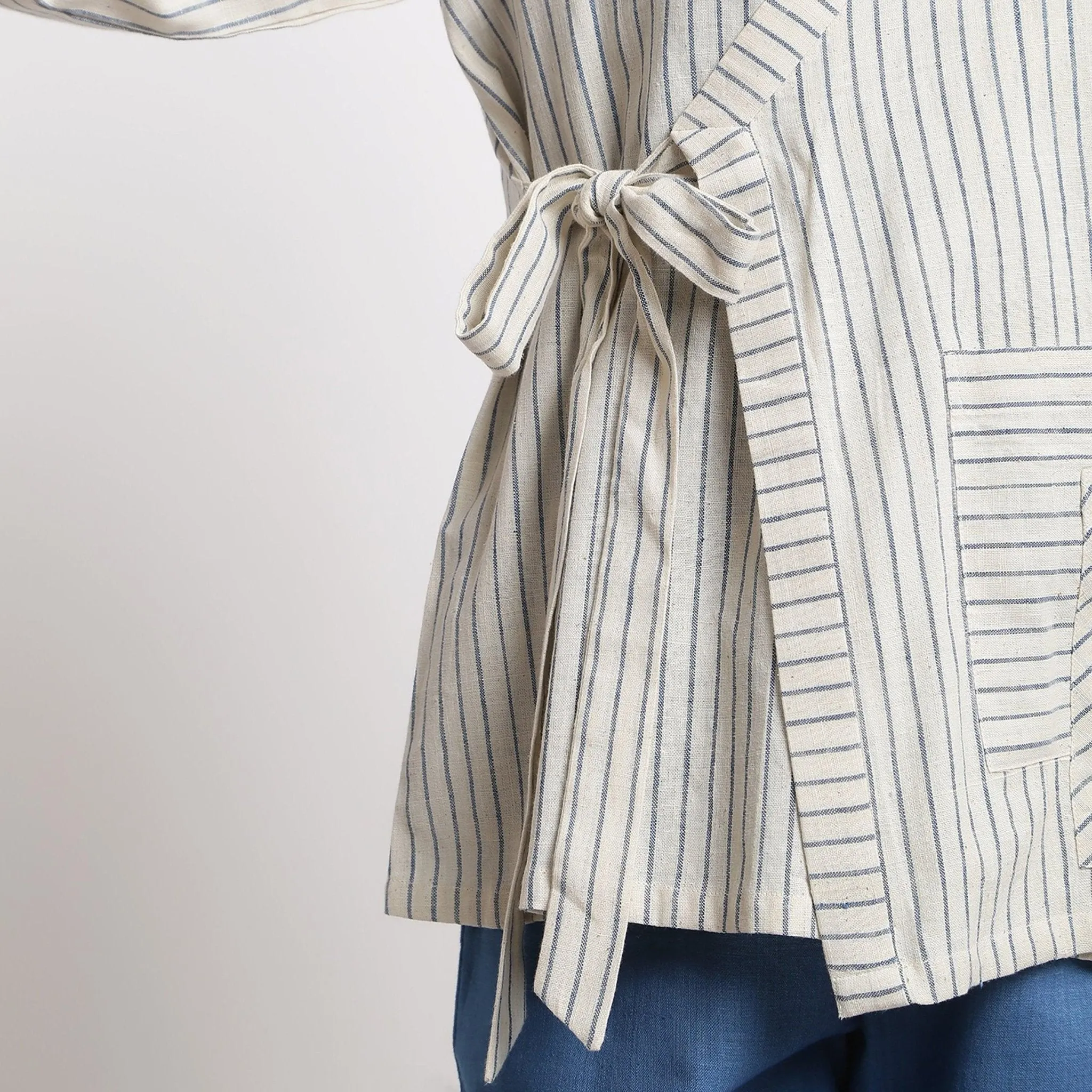 Off-White and Blue Striped Cotton Asymmetrical V-Neck Outerwear