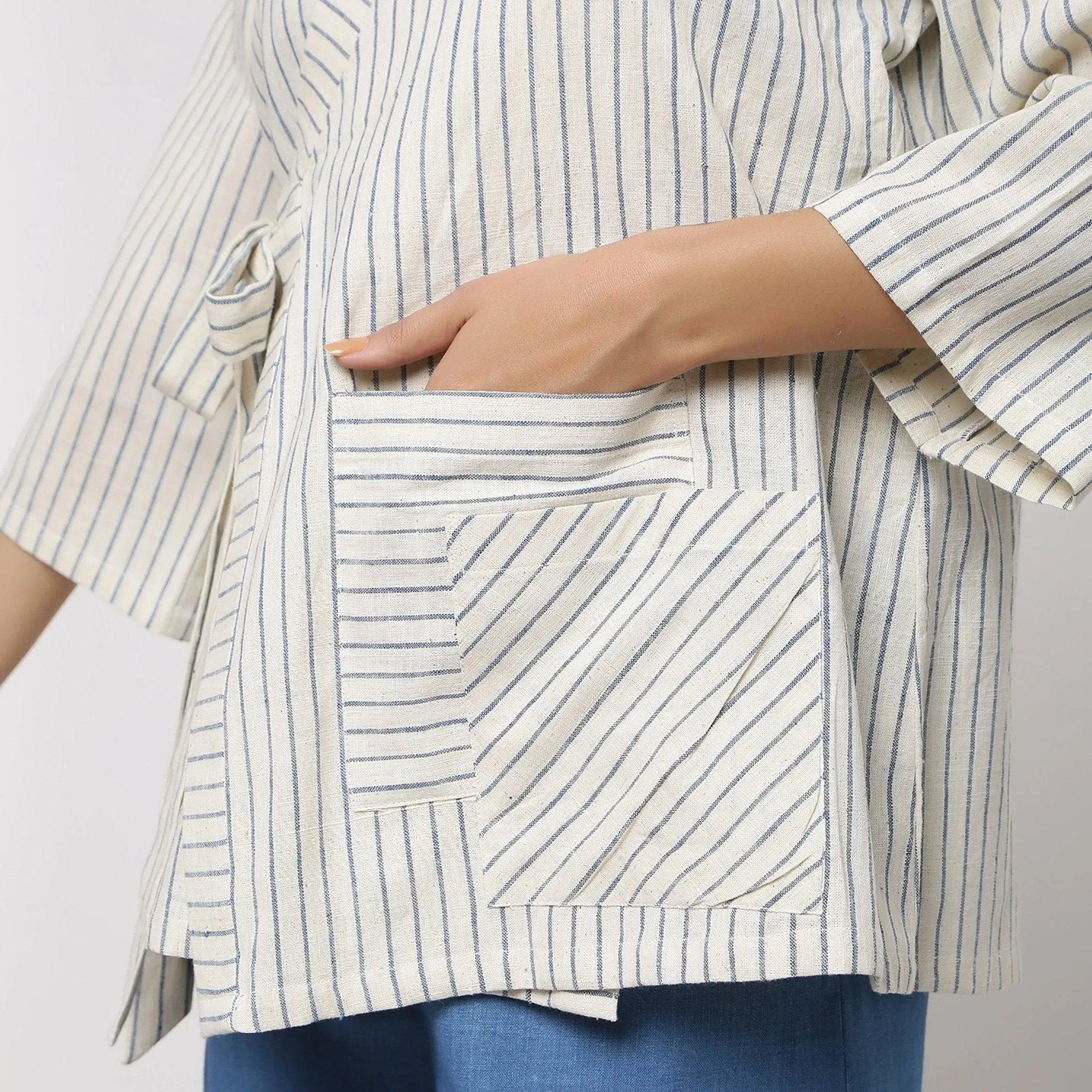 Off-White and Blue Striped Cotton Asymmetrical V-Neck Outerwear