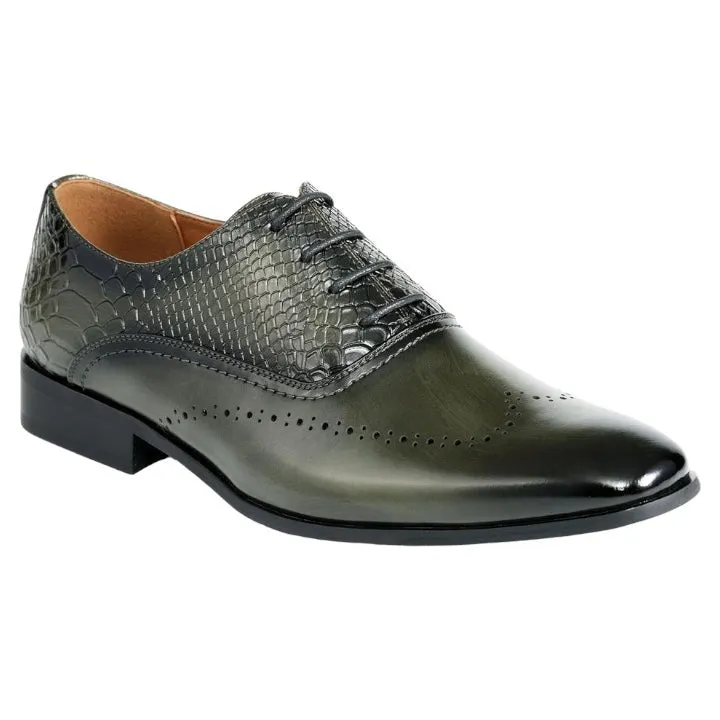 Olive Wingtip Men's PU Leather with Croc Oxford Lace-Up Formal Dress Shoes