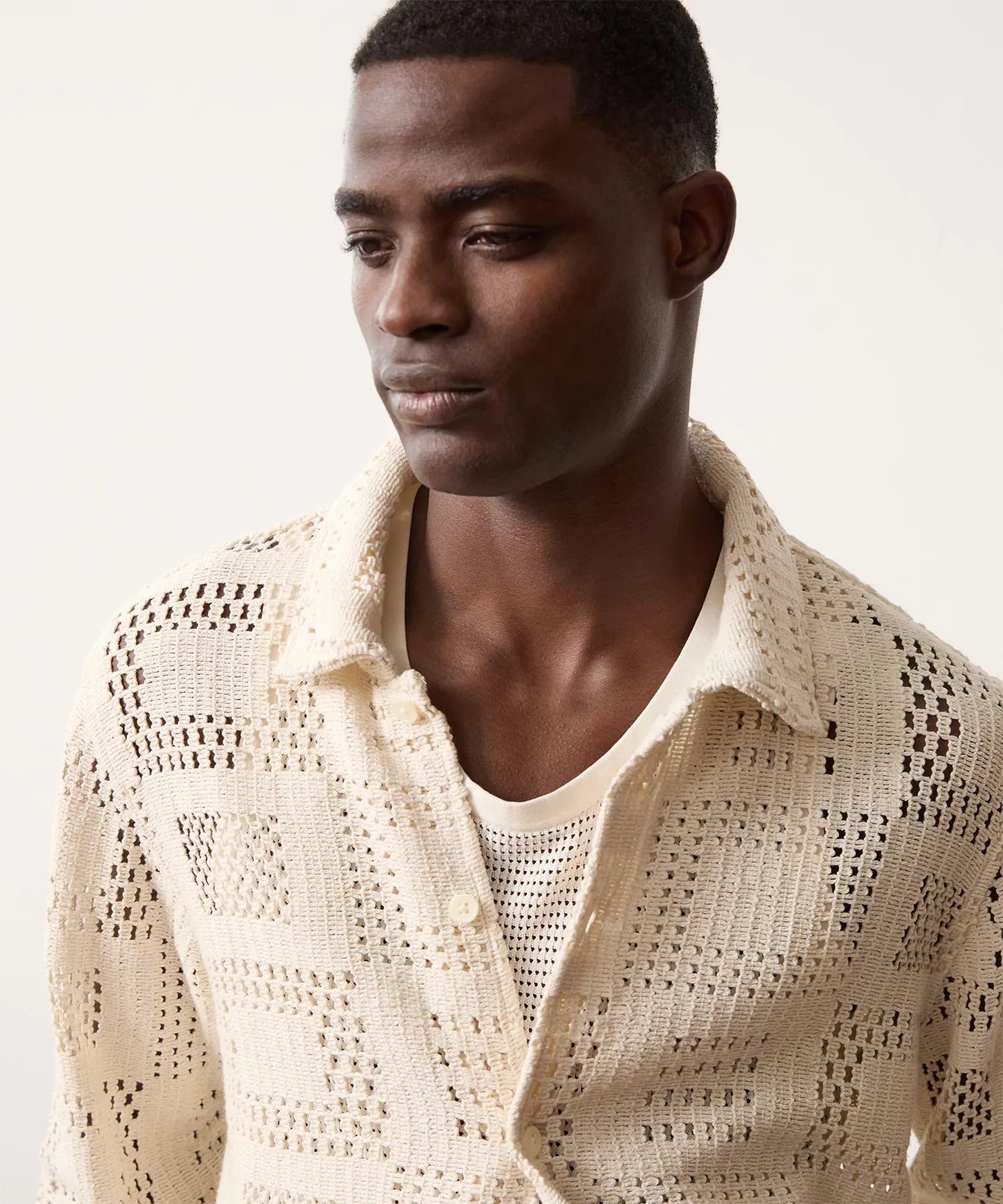 Open-Knit Long-Sleeve Cabana Shirt in Chalk