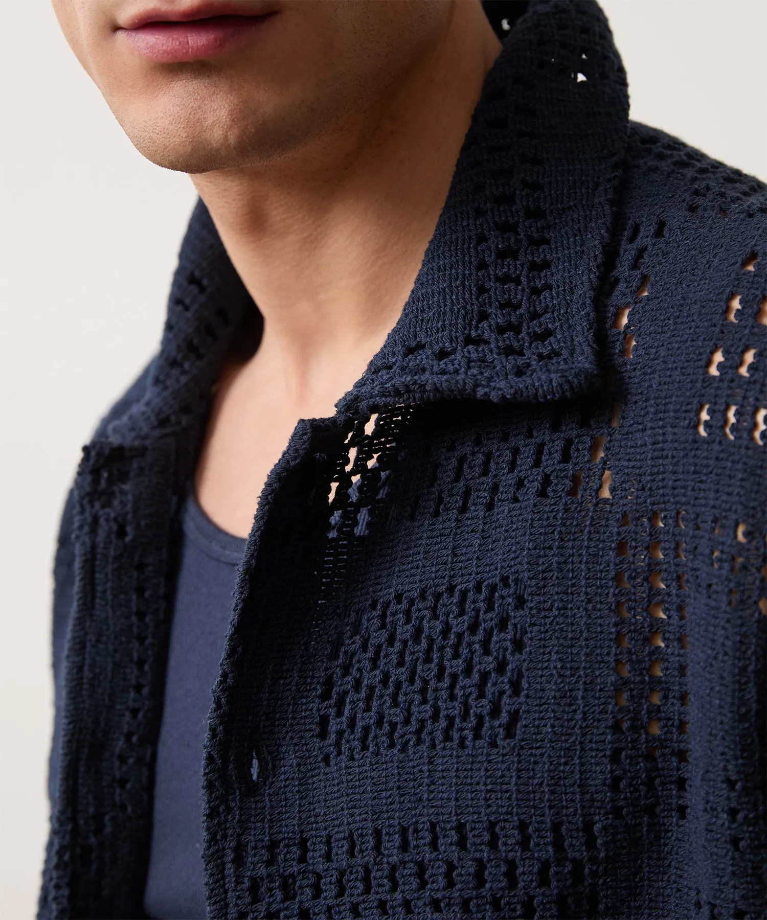 Open-Knit Long-Sleeve Cabana Shirt in Navy