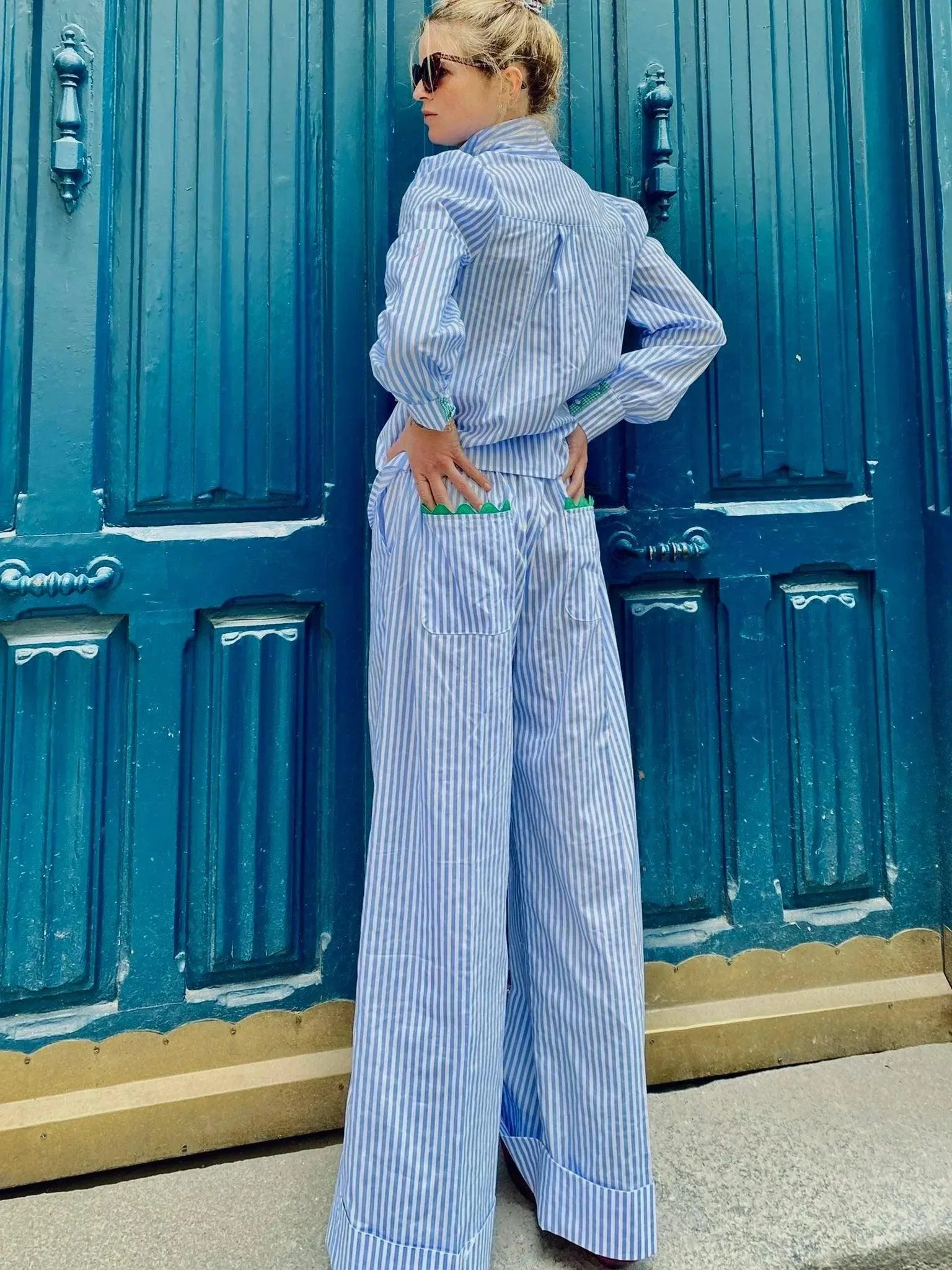 Soufflé turned up pants - blue stripes