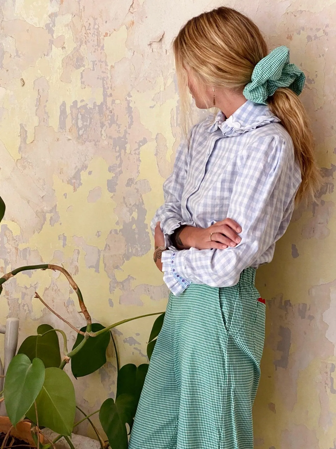 Soufflé turned up pants - green micro gingham