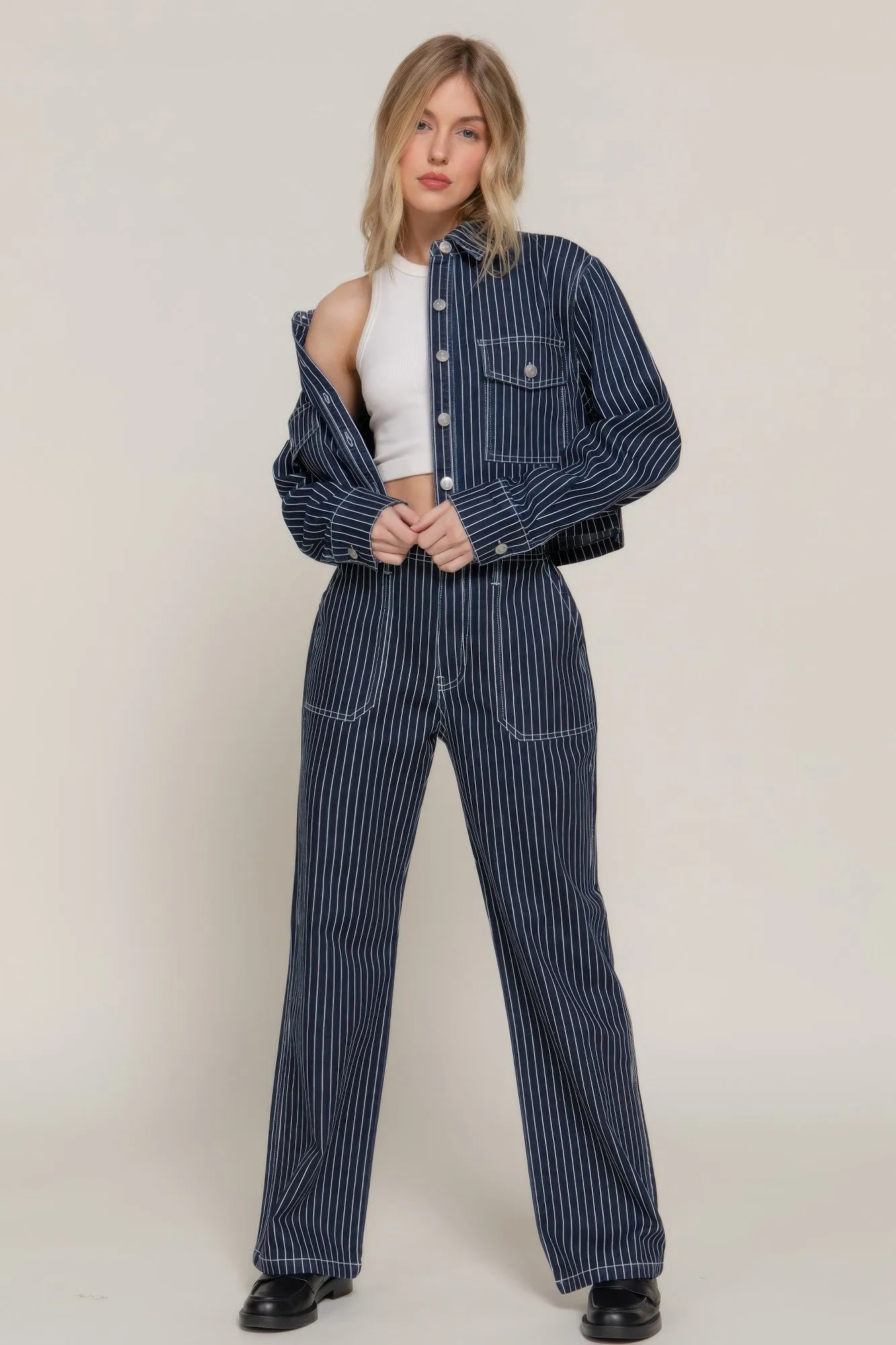 Stripe Stretch Denim Straight Pants