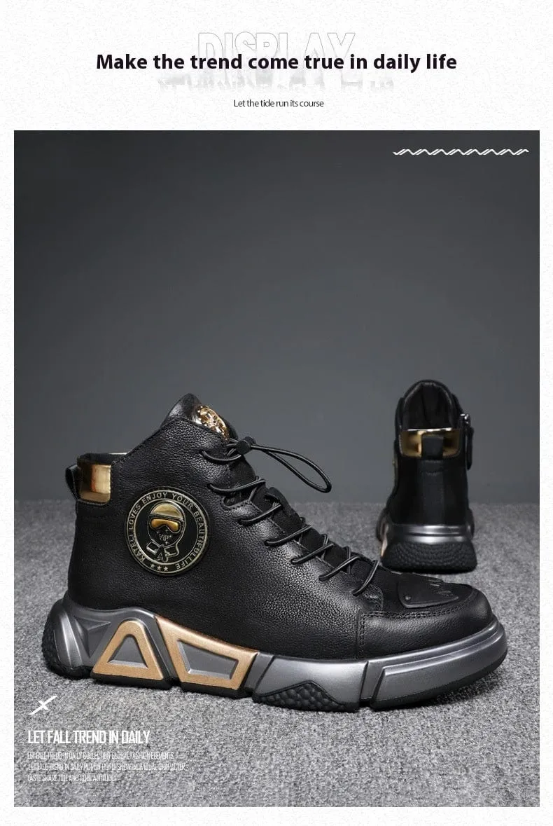 Top Layer Cowhide High-top Shoes Black Cotton Casual Leather Shoes