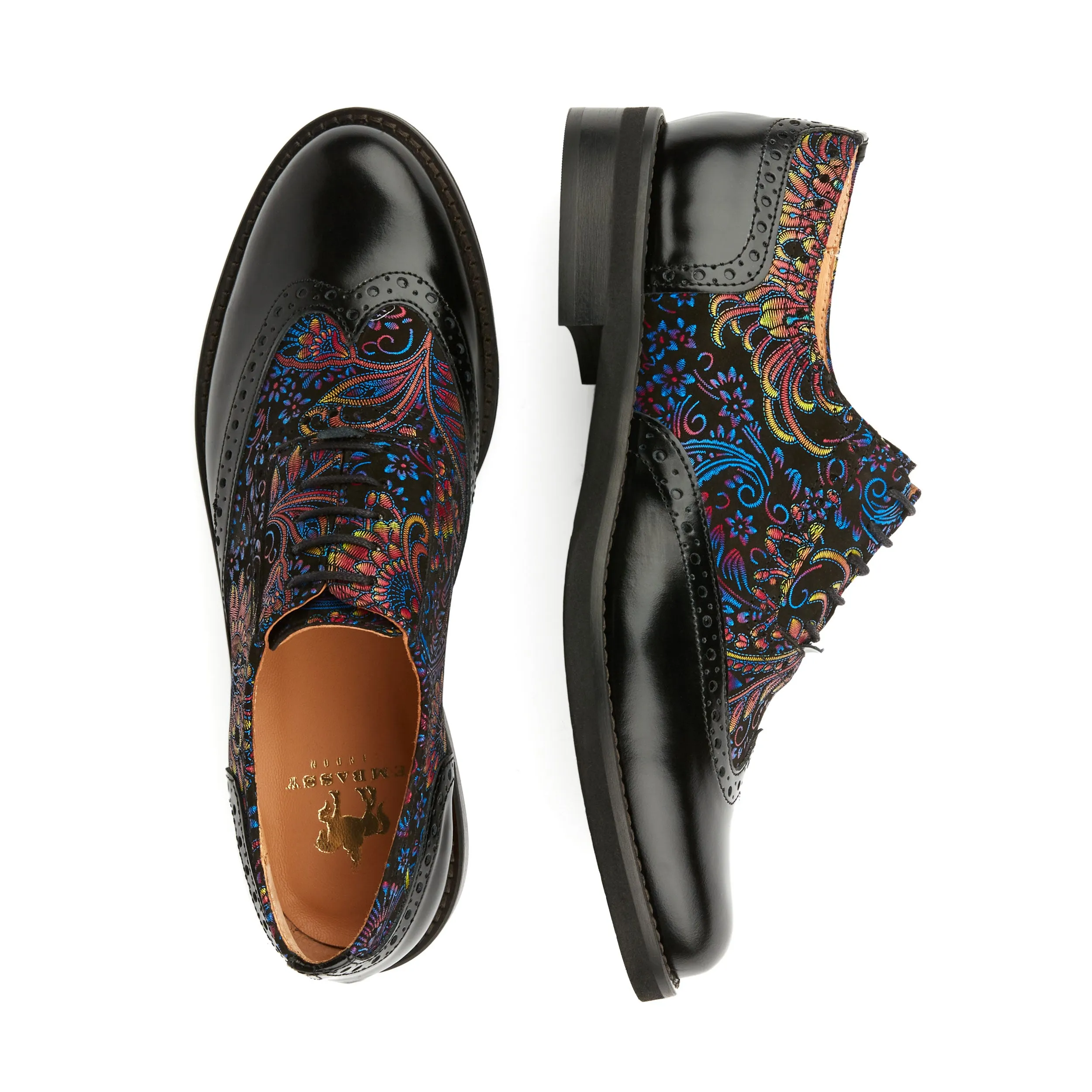 Vivienne - Black & Blue - Women's leather oxfords with wingtip and brogue details