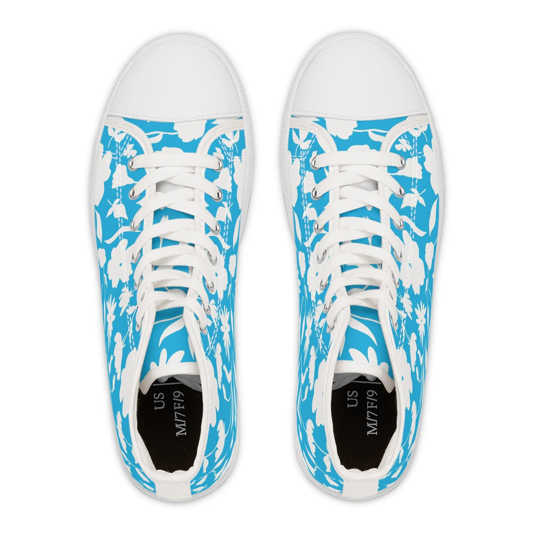 White Flowers and Blue Background Women's High Top Sneakers