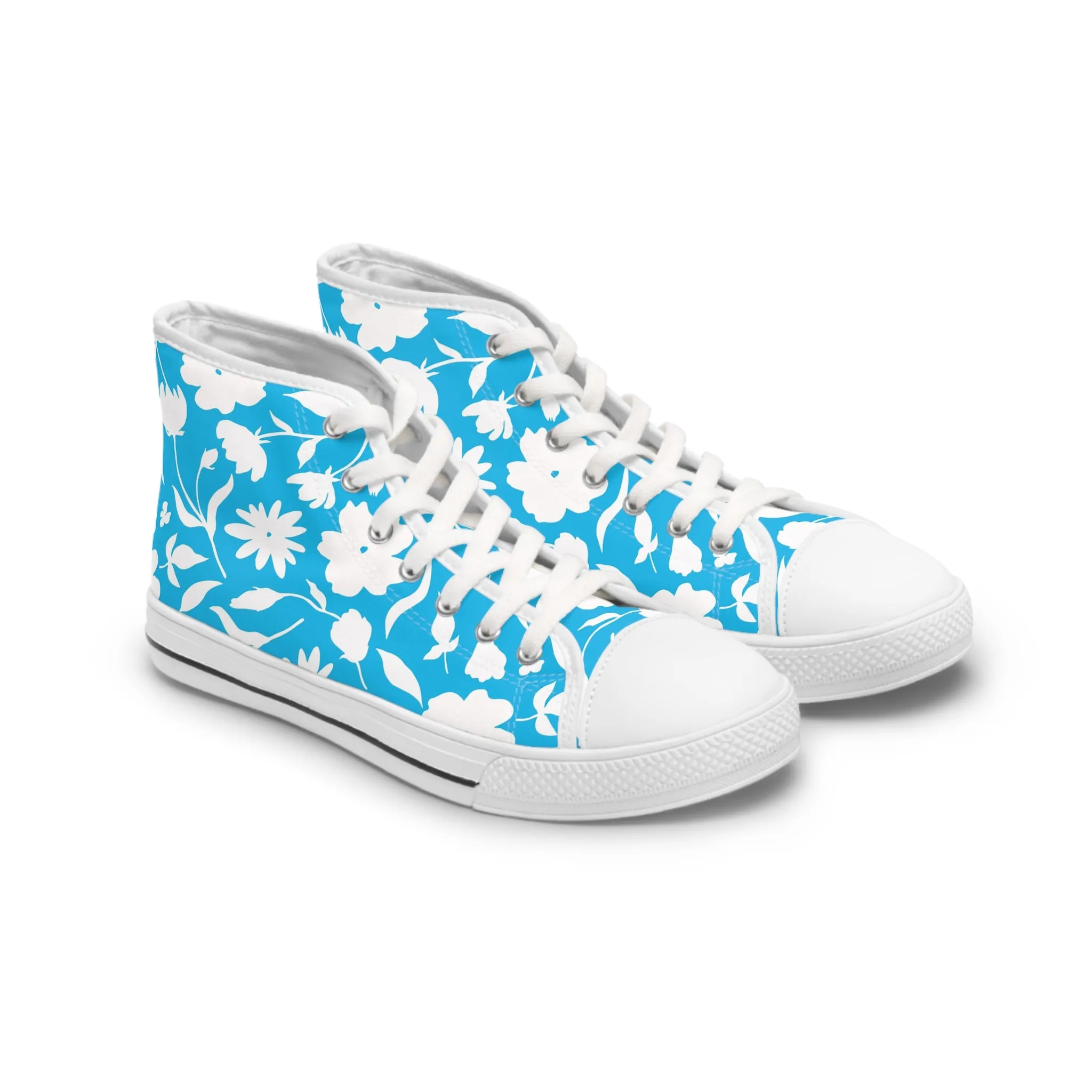 White Flowers and Blue Background Women's High Top Sneakers