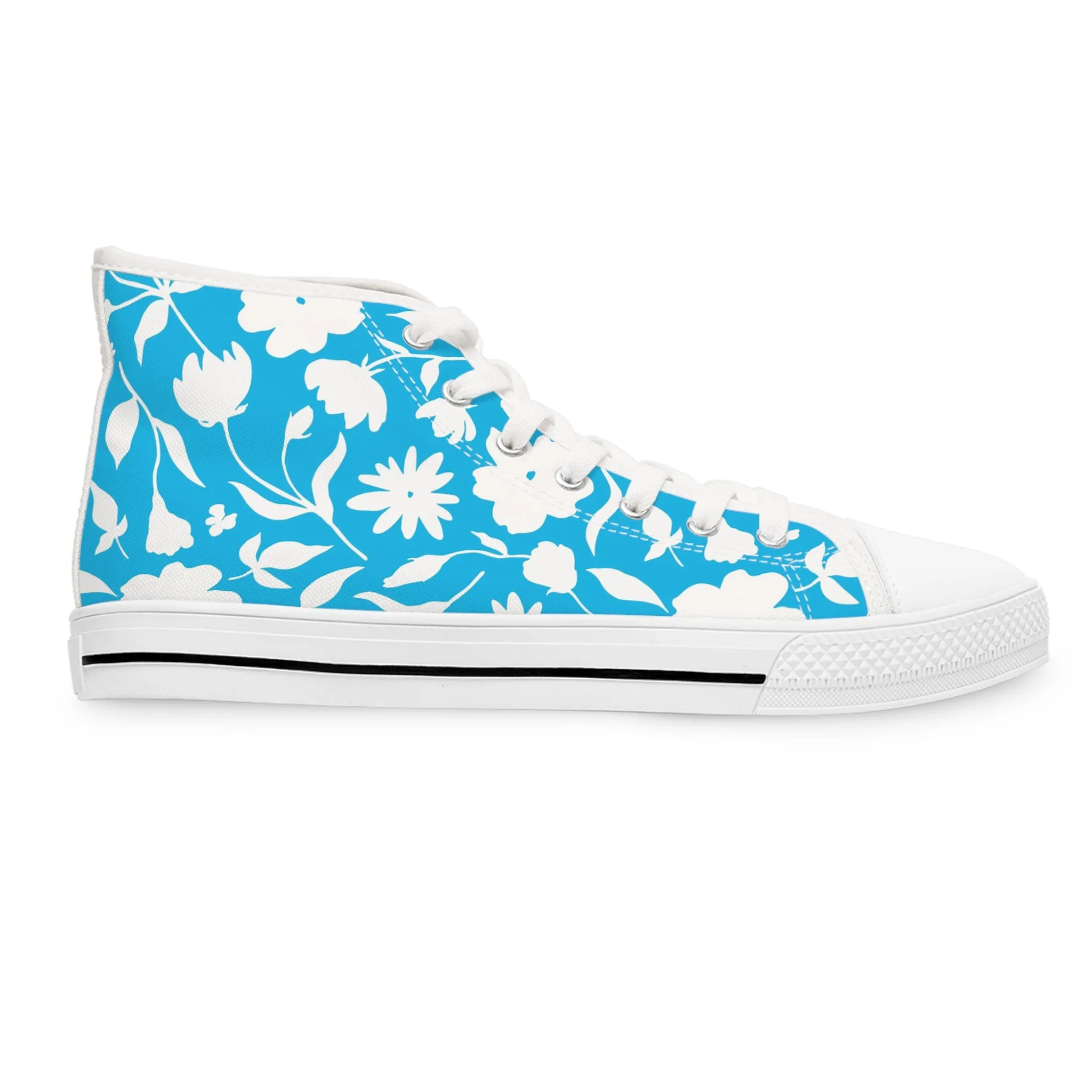 White Flowers and Blue Background Women's High Top Sneakers